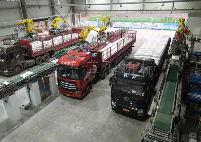 肥料全自動裝車機(jī)現(xiàn)場  機(jī)器人全自動裝車系統(tǒng)